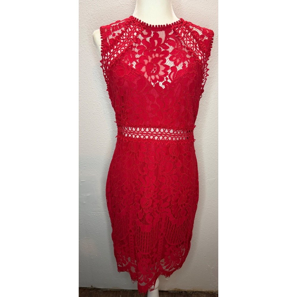Perfectly Priscilla Lace Sheath‎ Dress Women L Red Floral High Neck Sleeveless